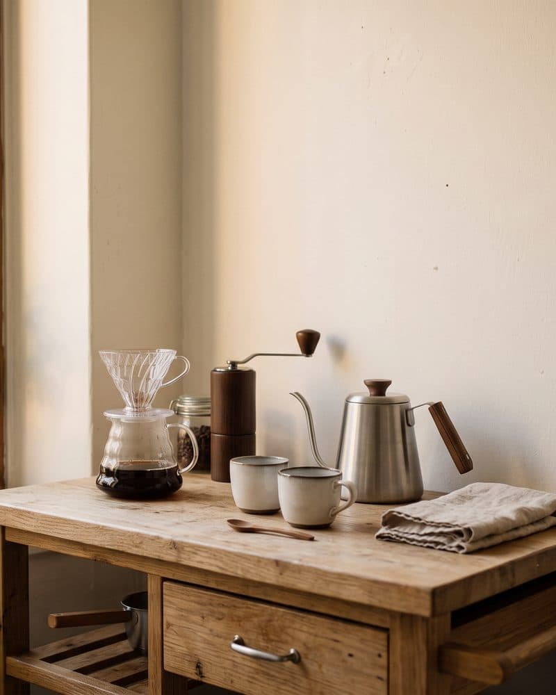 A small coffee bar on a wooden kitchen cart by a window: a glass pour-over dripper on a carafe, a hand grinder, a gooseneck kettle, two cups and a folded cloth