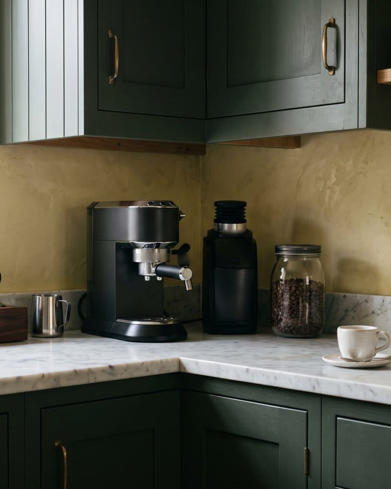 A coffee corner under a low cabinet: a compact black espresso machine and a small grinder tucked into the corner of a marble counter between dark green cupboards, a jar of beans and one cup