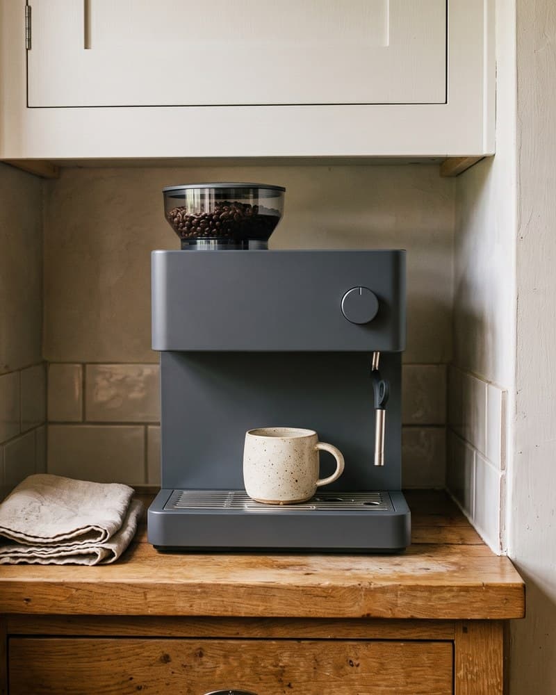 A coffee station in a kitchen nook where a low wall cabinet closes in just above a short counter: a plain grey machine with a bean hopper on top, one cup and a folded cloth, plain jars and crates behind, morning light from the side