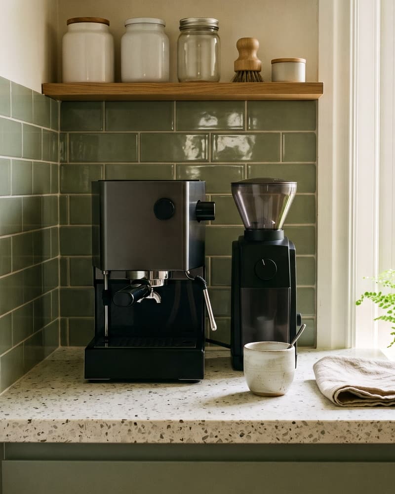 A short run of narrow terrazzo counter that ends at a tall window: a small dark espresso machine and a separate grinder side by side against sage green tile, a cup and a folded cloth, plain jars on a wooden shelf above, daylight and plants at the window