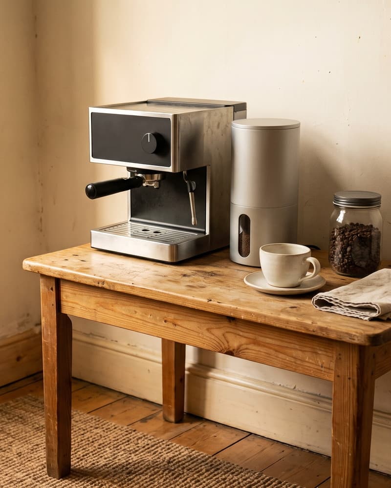 A worn pine side table against an aged plaster wall, used as a coffee station in a rented room: a small stainless machine and a plain grinder, a cup on its saucer, a jar of beans and a folded cloth, a woven mat on the bare wooden floor, low afternoon light