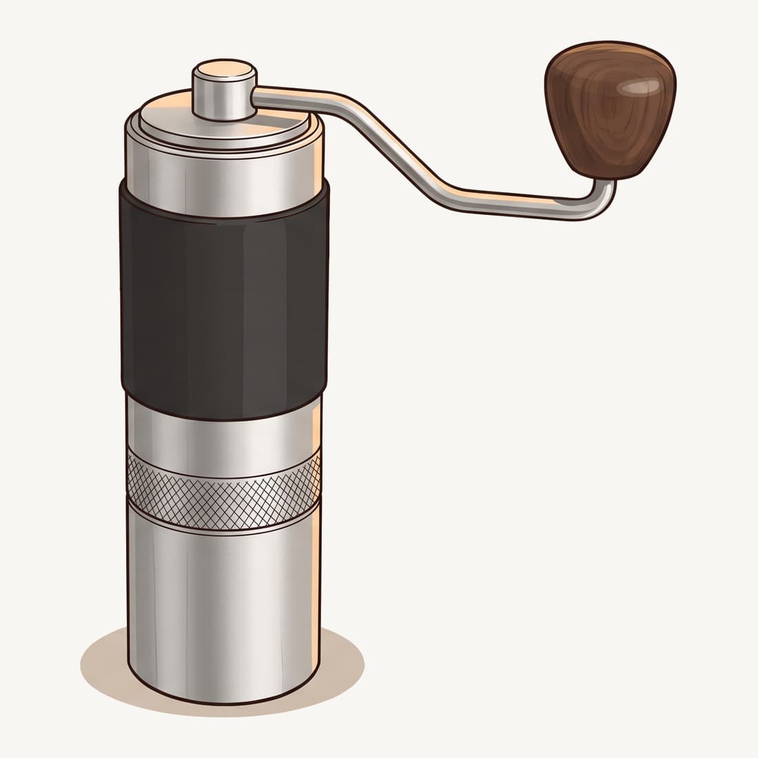 Our drawing of the 1Zpresso JX-Pro S hand grinder standing upright with its crank out, three-quarter view from the front right