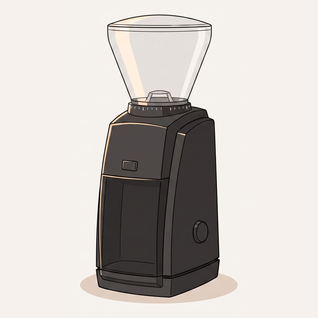 Our drawing of the Baratza Encore in black, three-quarter view from the front right