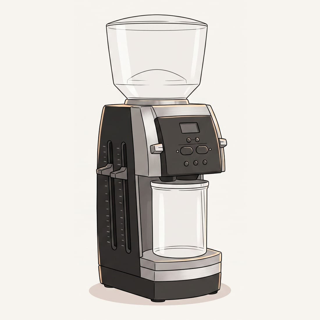 Our drawing of the Baratza Vario+, three-quarter view from the front right