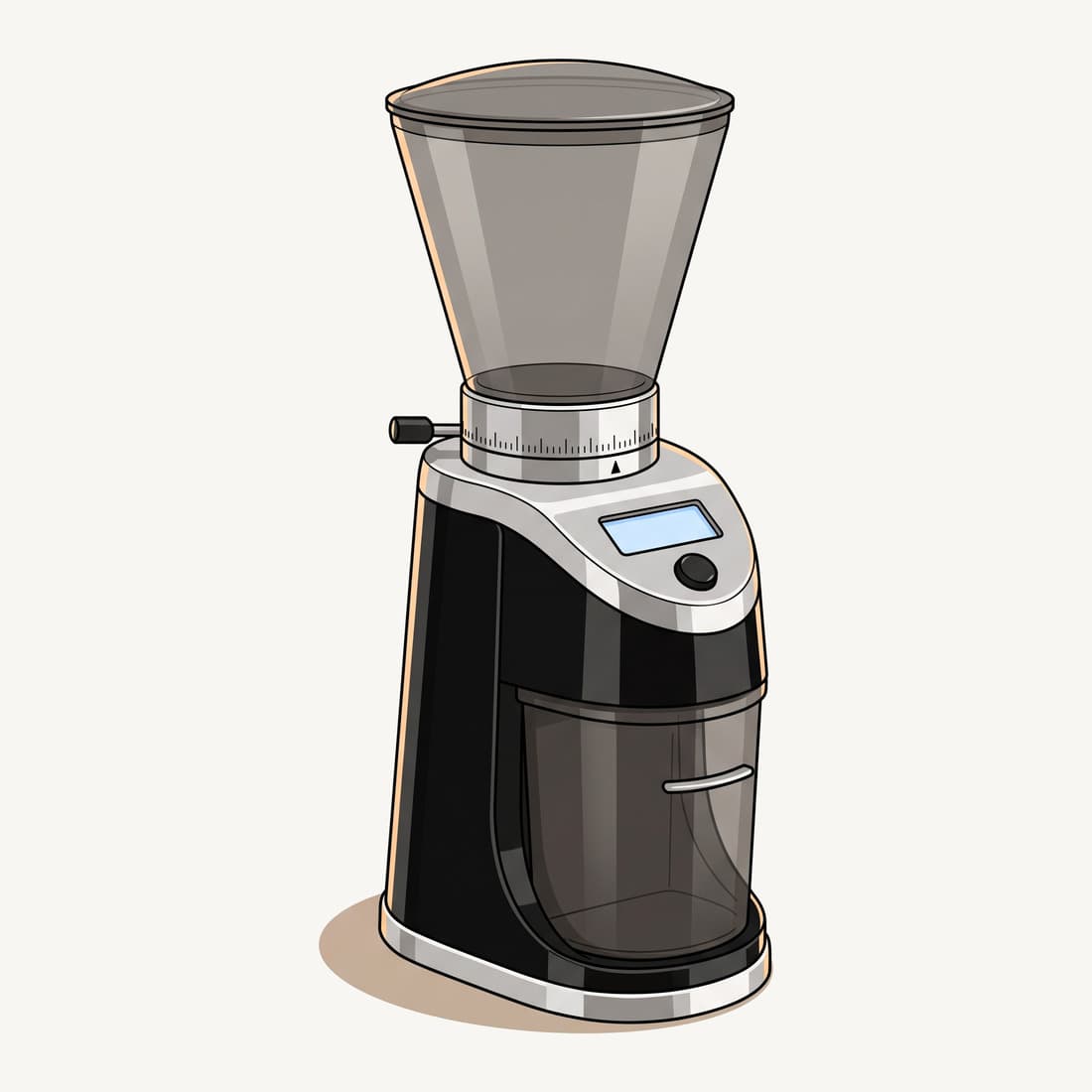 Our drawing of the Baratza Virtuoso+, three-quarter view from the front right
