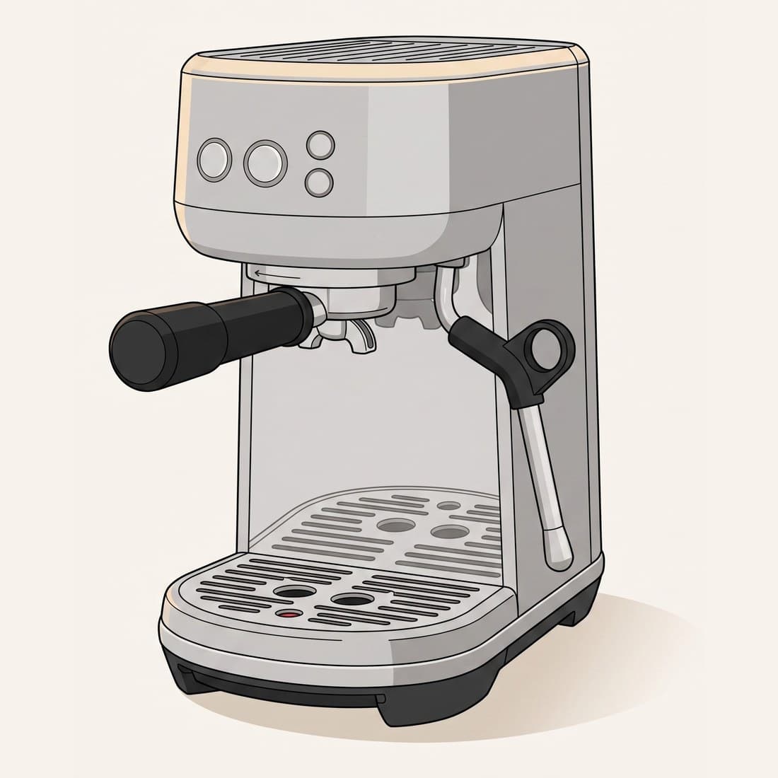 Our drawing of the Breville Bambino, three-quarter view from the front right