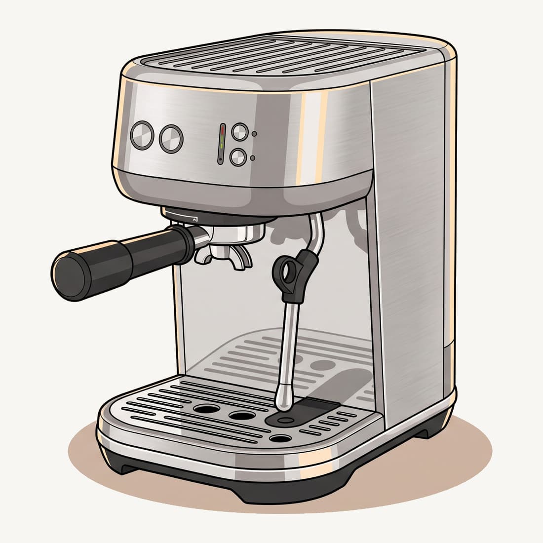 Our drawing of the Breville Bambino Plus, three-quarter view from the front right