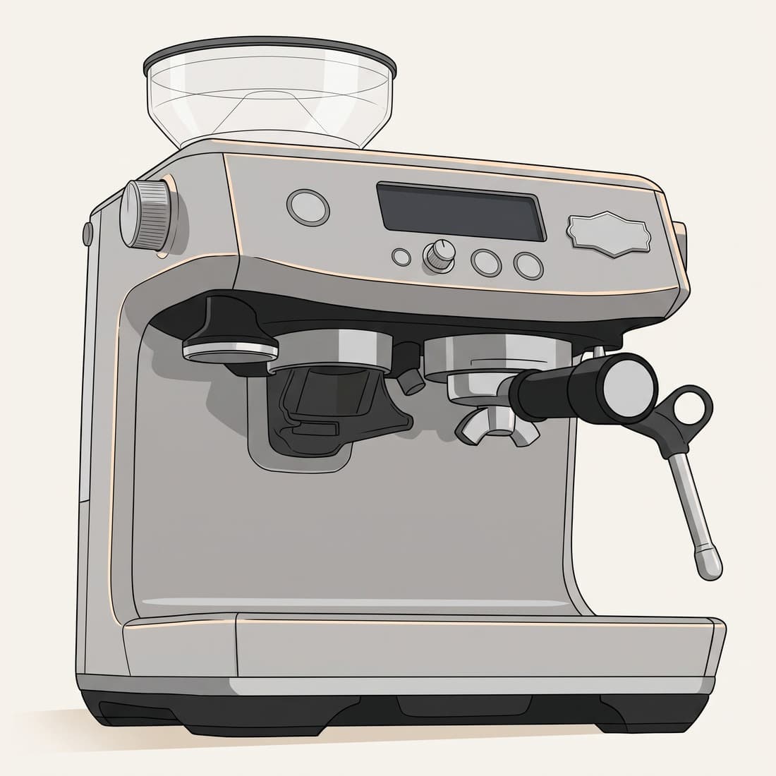 Our drawing of the Breville Barista Pro, three-quarter view from the front right
