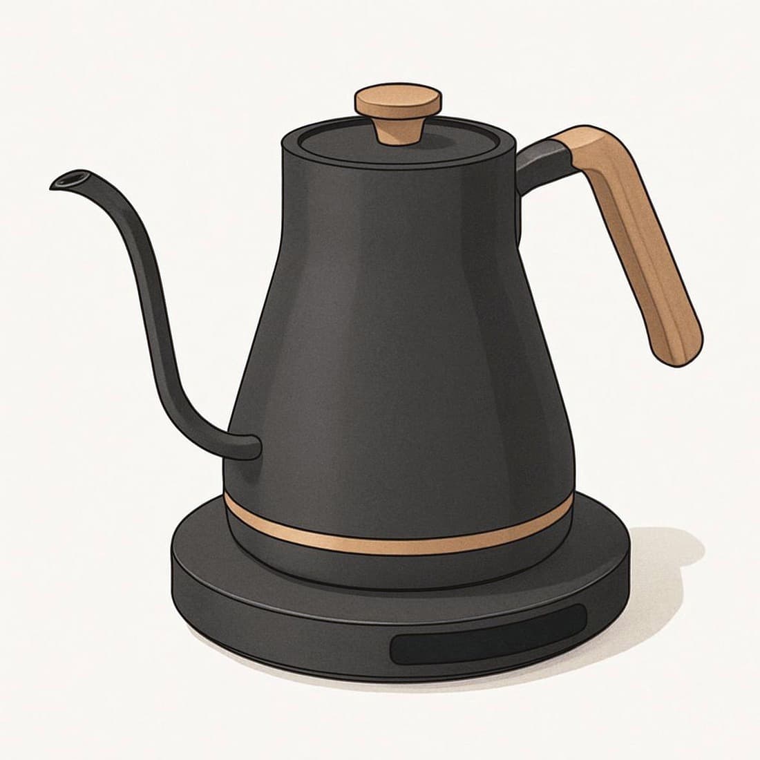 Our drawing of the Brewista Artisan gooseneck kettle on its base, side view with the spout to the left