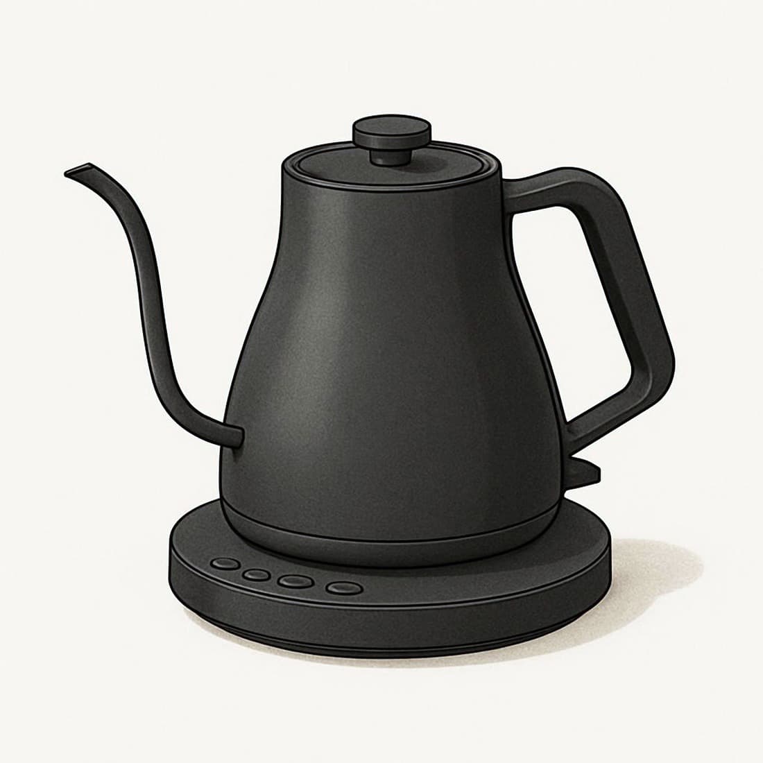 Our drawing of the Cosori Smart electric gooseneck kettle on its base, side view with the spout to the left