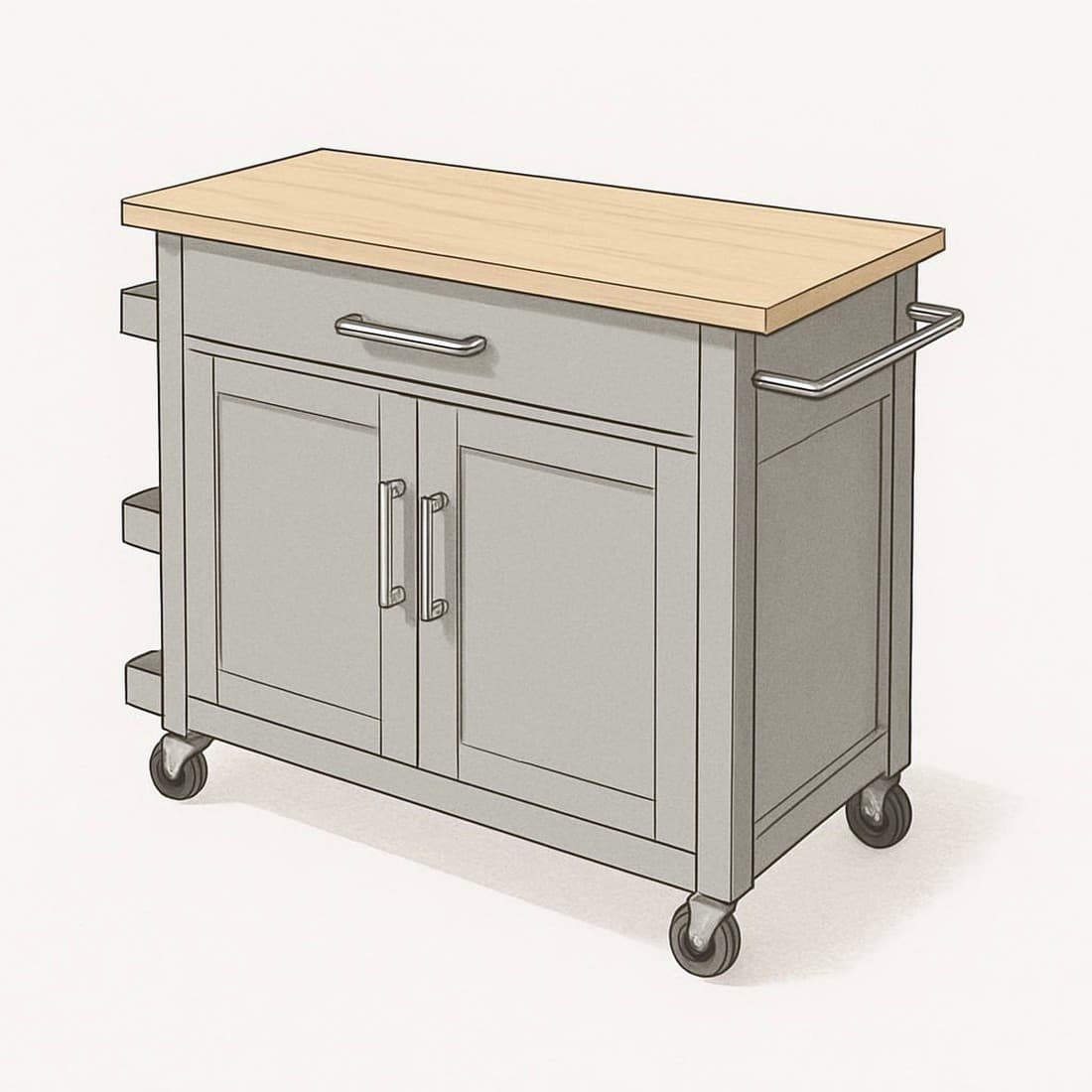 Our drawing of the Costway rolling kitchen island cart with a cabinet, drawer and towel rack, three-quarter view from the front right