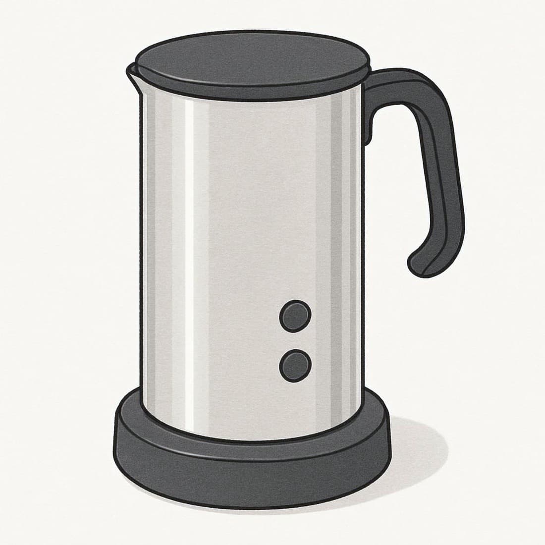 Our drawing of the De'Longhi LatteMix milk frother in brushed stainless steel on its base, side view with the handle to the right