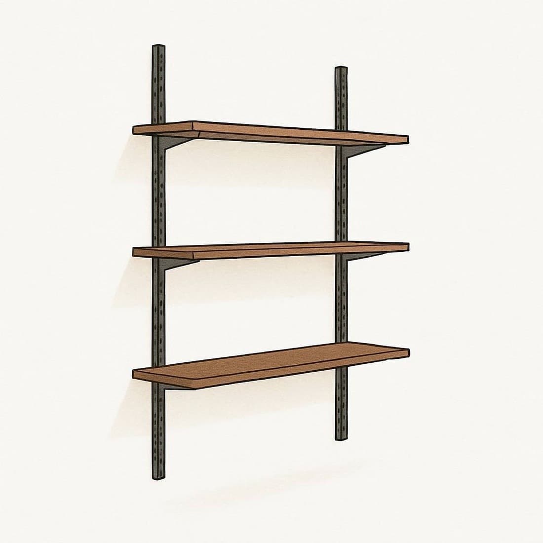 Our drawing of the Kate and Laurel Atwood three-tier wall shelf with wood shelves on a dark metal rail frame, front view