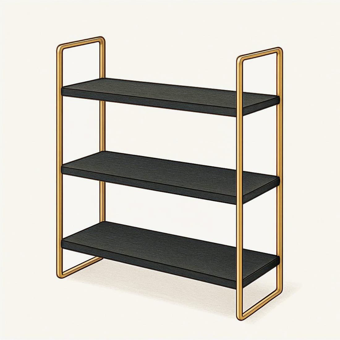 Our drawing of the Kate and Laurel Leigh three-tier wall shelf with dark shelves in a gold metal frame, three-quarter view from the front right