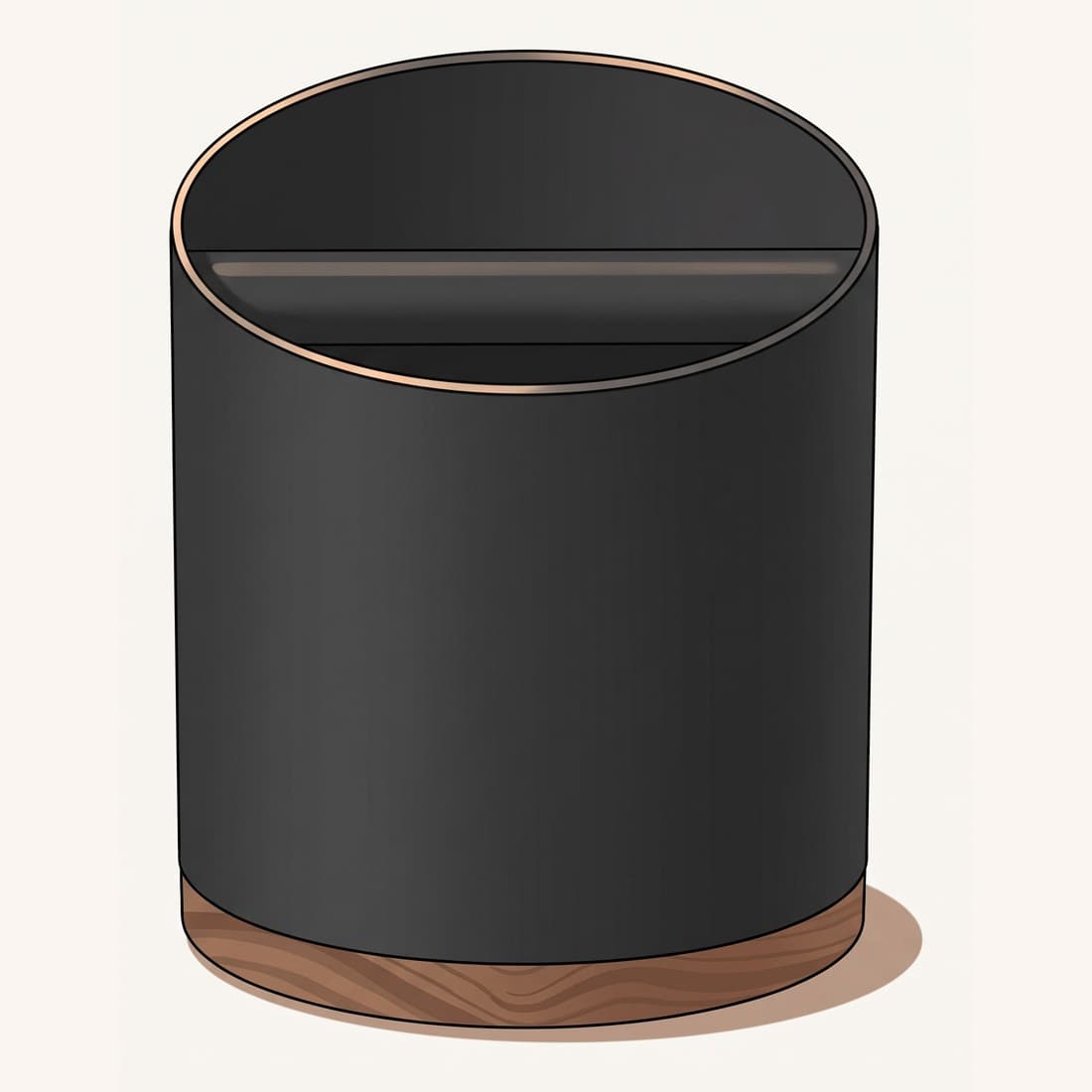 Our drawing of the Normcore Heavy-Duty Espresso Knock Box, three-quarter view from above the front
