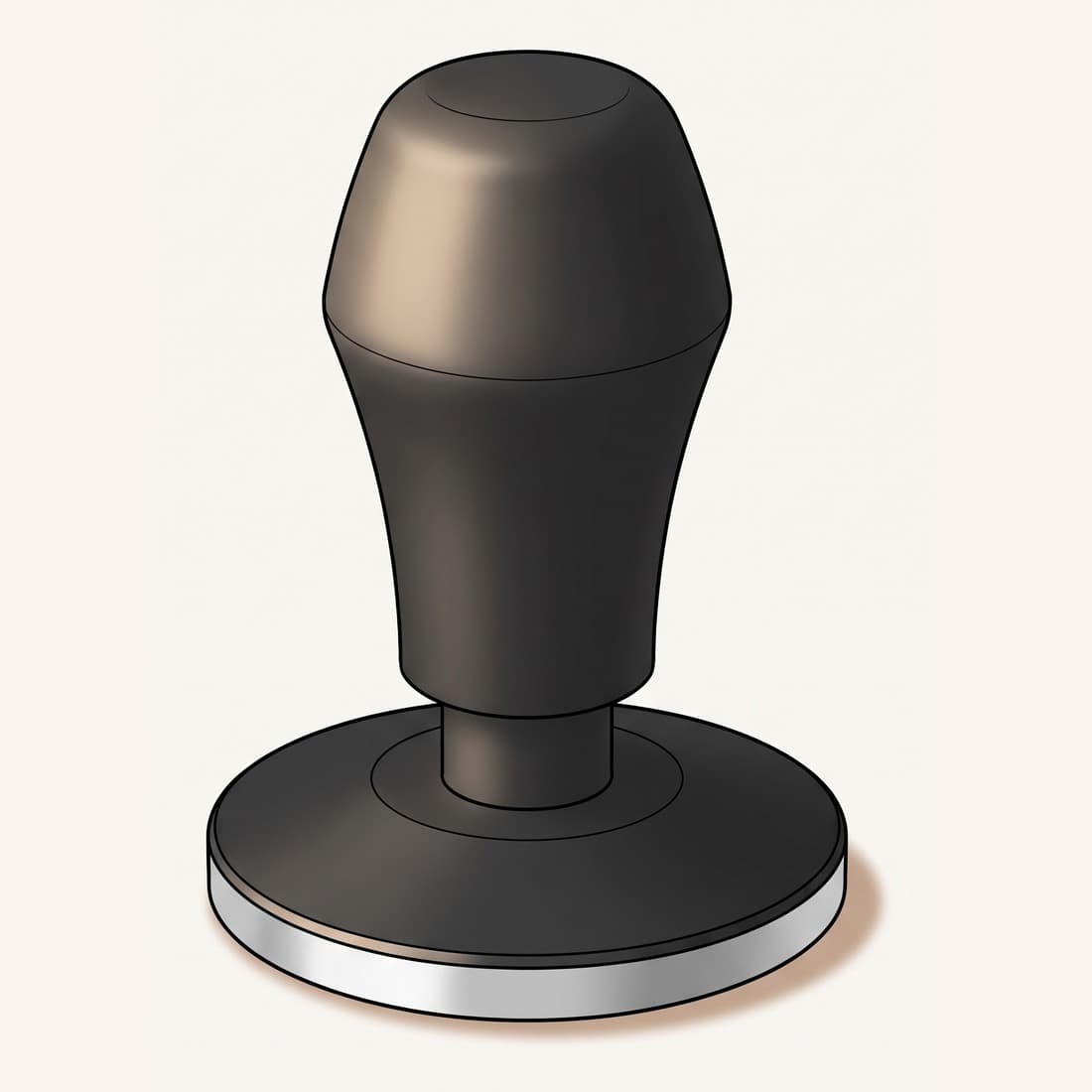 Our drawing of the Normcore spring loaded tamper, standing, three-quarter view from the front right