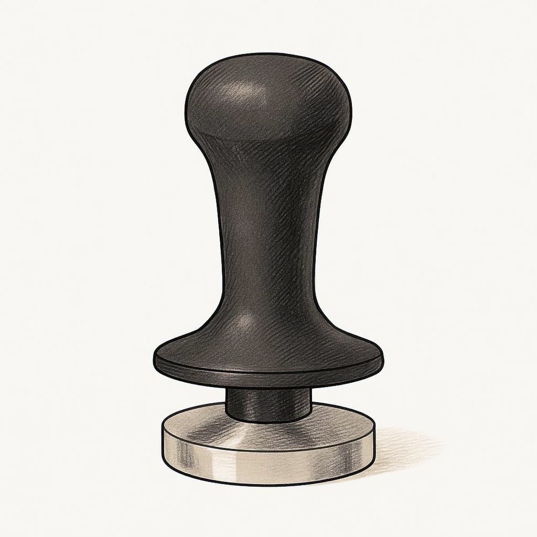 Our drawing of the Normcore Spring Loaded Tamper V4 in the 45.5mm size, standing base-down, three-quarter view from the front right