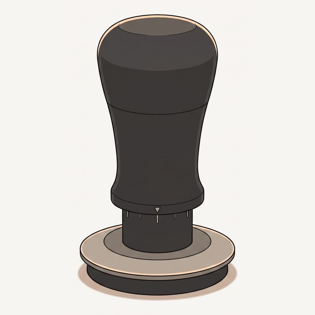 Our drawing of the Normcore V5 Spring Loaded Tamper, standing base-down, three-quarter view from the front right