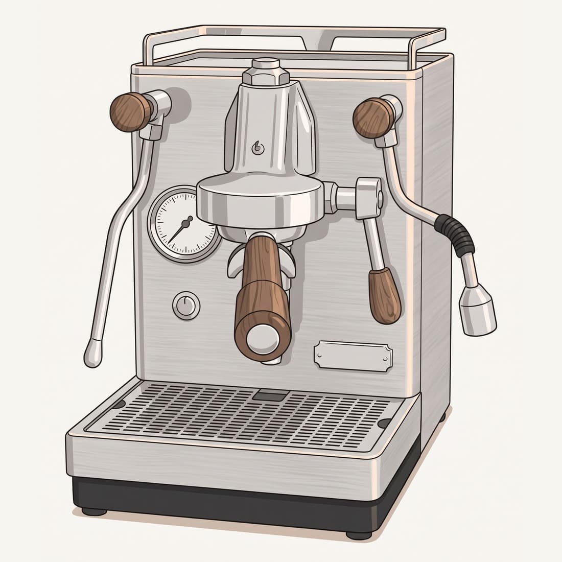 Our drawing of the Profitec JUMP heat-exchanger espresso machine, three-quarter view from the front right