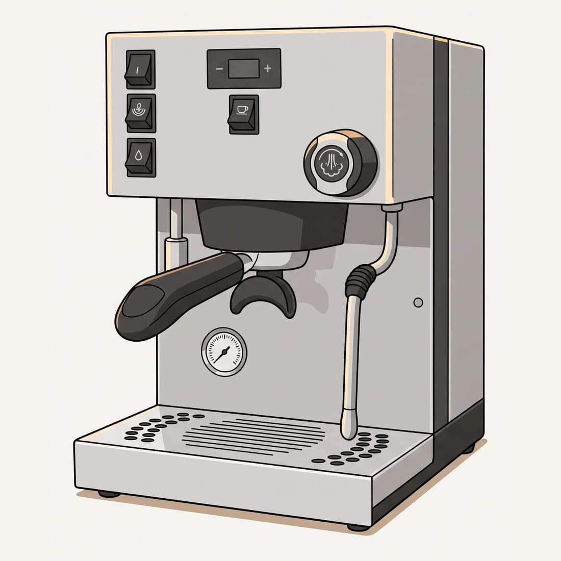 Our drawing of the Rancilio Silvia Pro X dual boiler espresso machine, three-quarter view from the front right