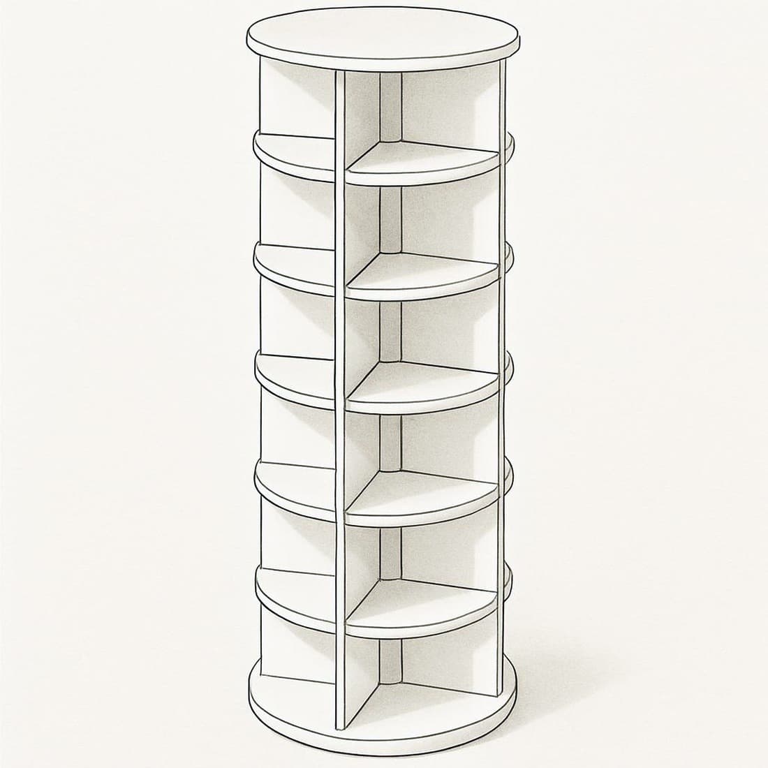 Our drawing of the Seville Classics 6-tier rotating tower organizer in white, three-quarter view from the front