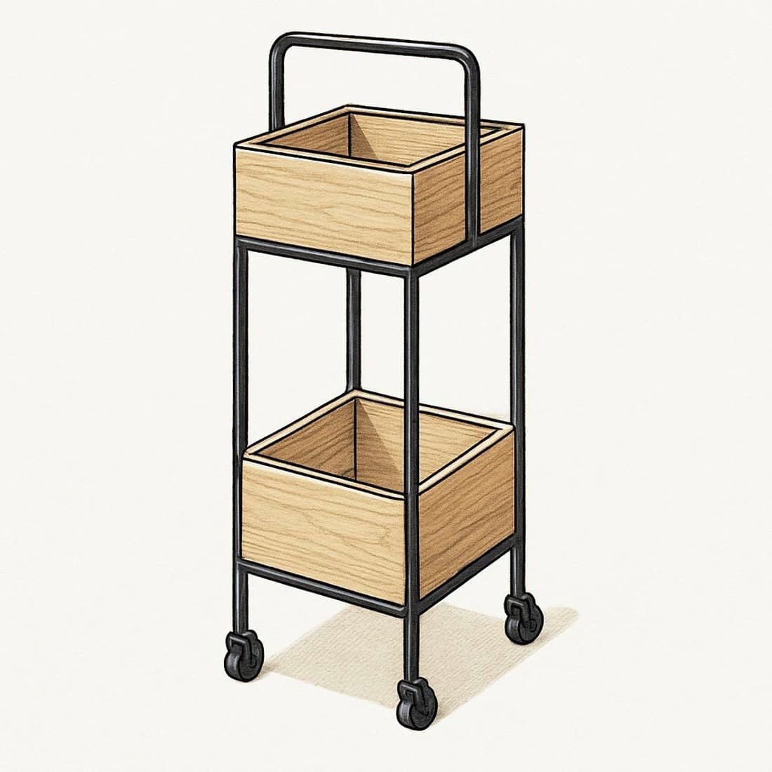 Our drawing of the Simpli Home Hobbs bar cart with two wood shelves in a black metal frame on wheels, three-quarter view from the front right