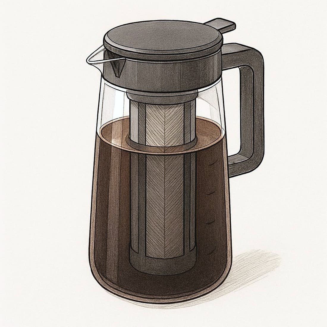 Our drawing of the Takeya Cold Brew Coffee Maker pitcher with its filter, filled with cold brew, three-quarter view from the front right