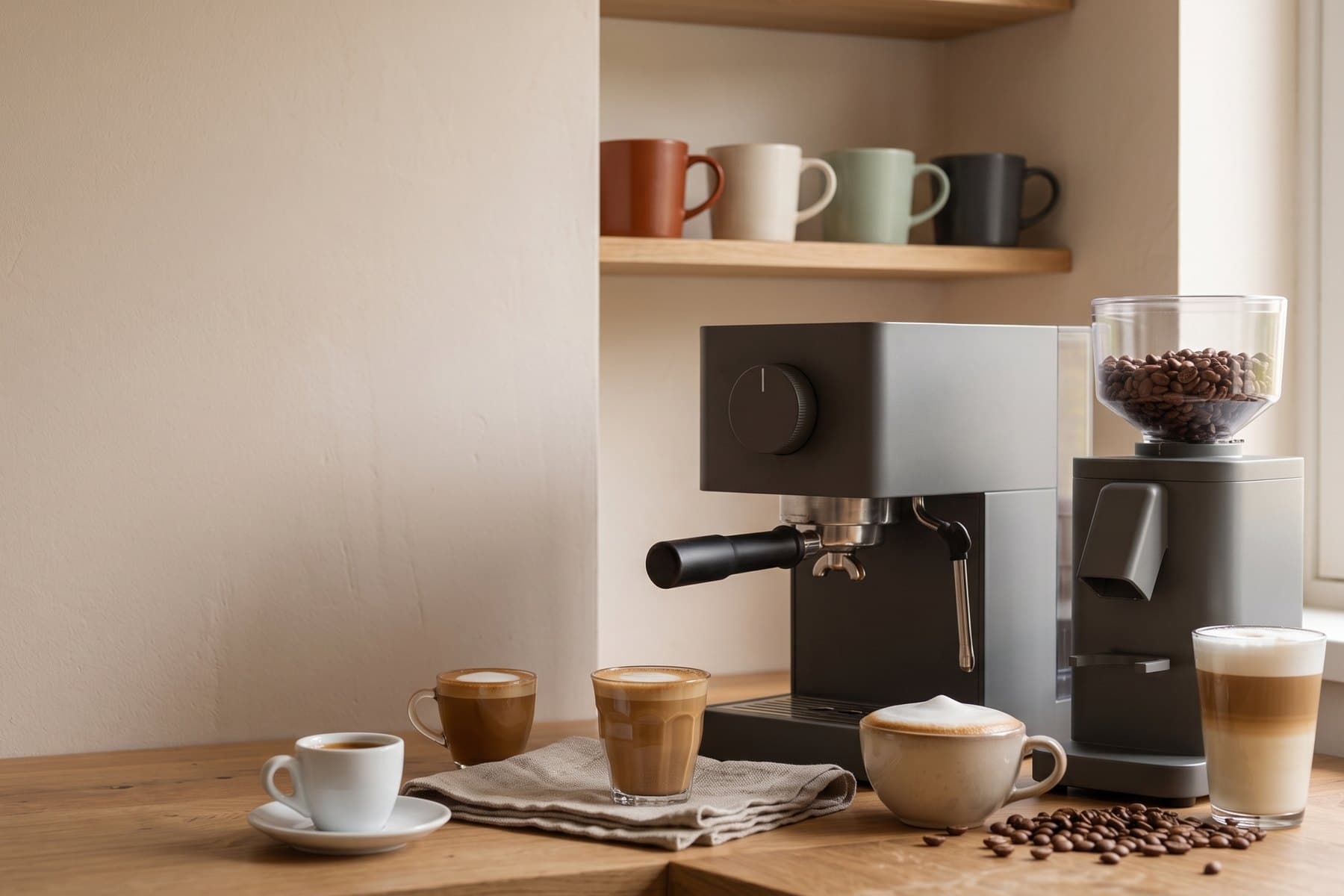 A grey home espresso machine and burr grinder on an oak counter in daylight, mugs on a shelf above, an espresso, a macchiato, a cortado, a cappuccino and a layered latte in front.