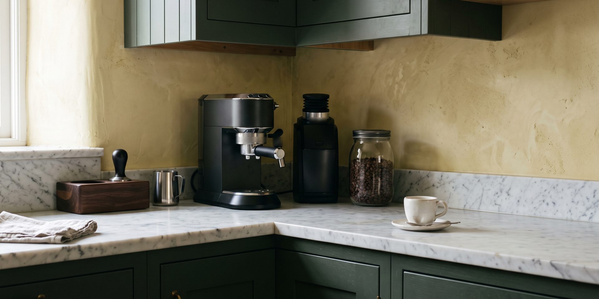 A coffee corner under a low cabinet: a compact black espresso machine and a small grinder tucked into the corner of a marble counter between dark green cupboards, a jar of beans and one cup