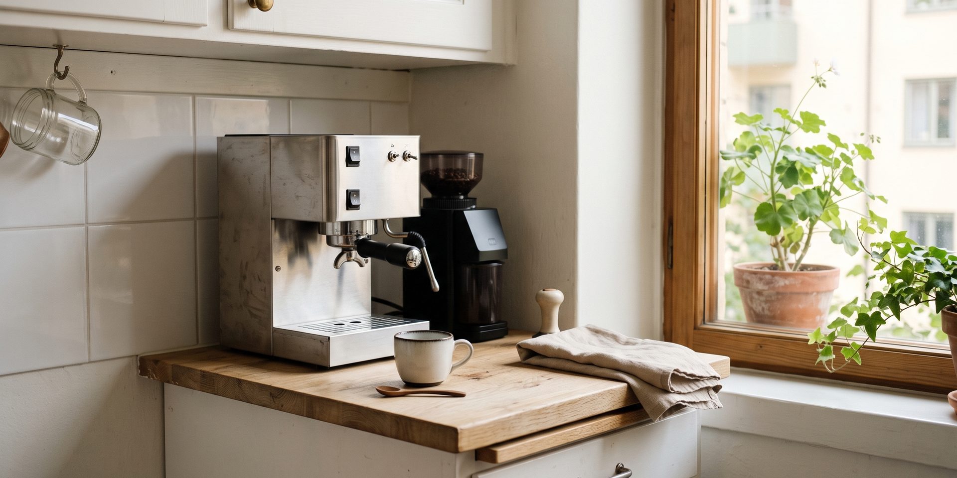 A sunlit compact coffee station in a small kitchen: a stainless espresso machine and a grinder on a short oak counter under a white wall cabinet, a cup and a folded cloth, a window at the side