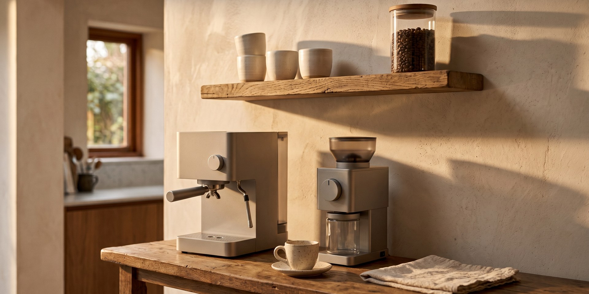 A narrow coffee counter under a wooden wall shelf: a small single-boiler style machine and a separate grinder side by side, plain cups and a plain jar on the shelf above, a cup and a folded cloth, raking morning light