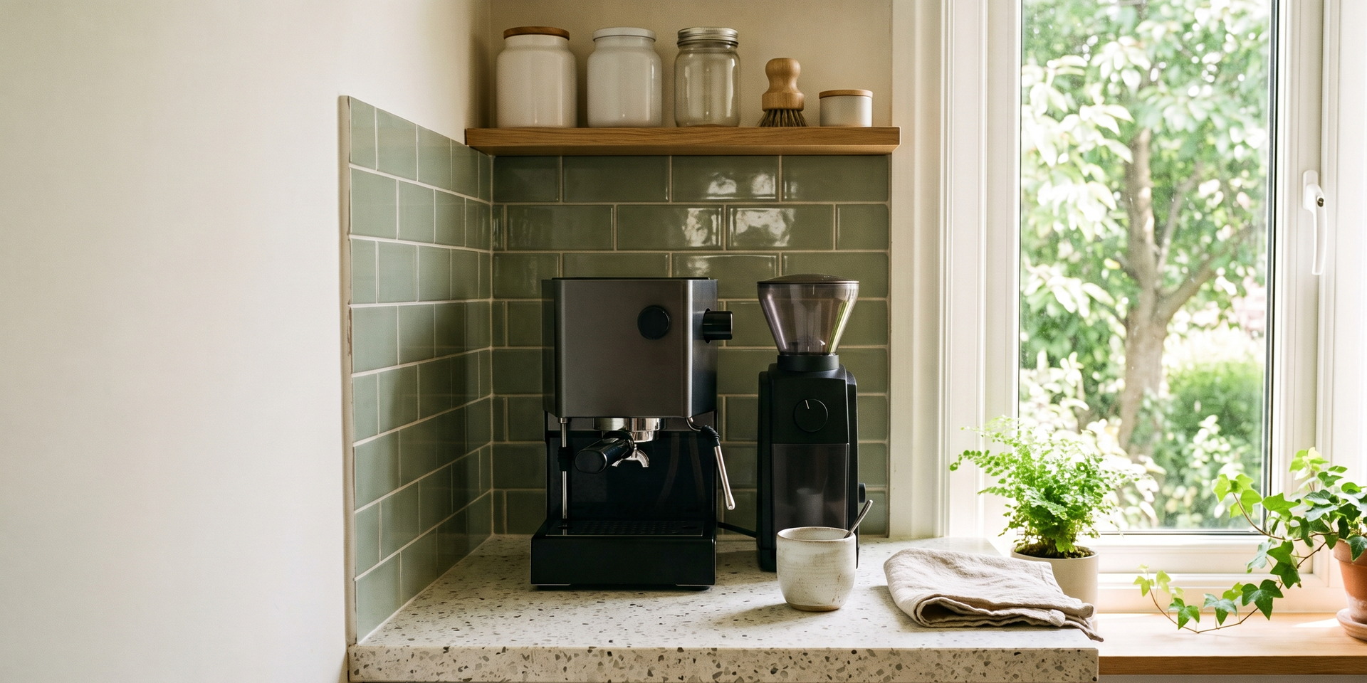 A short run of narrow terrazzo counter that ends at a tall window: a small dark espresso machine and a separate grinder side by side against sage green tile, a cup and a folded cloth, plain jars on a wooden shelf above, daylight and plants at the window