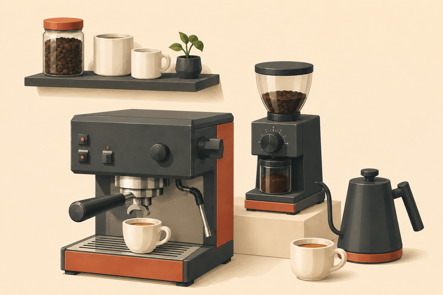 A drawing of a first coffee corner: a machine, a grinder and a scale set out along a short counter, with a cup and a cloth beside them.