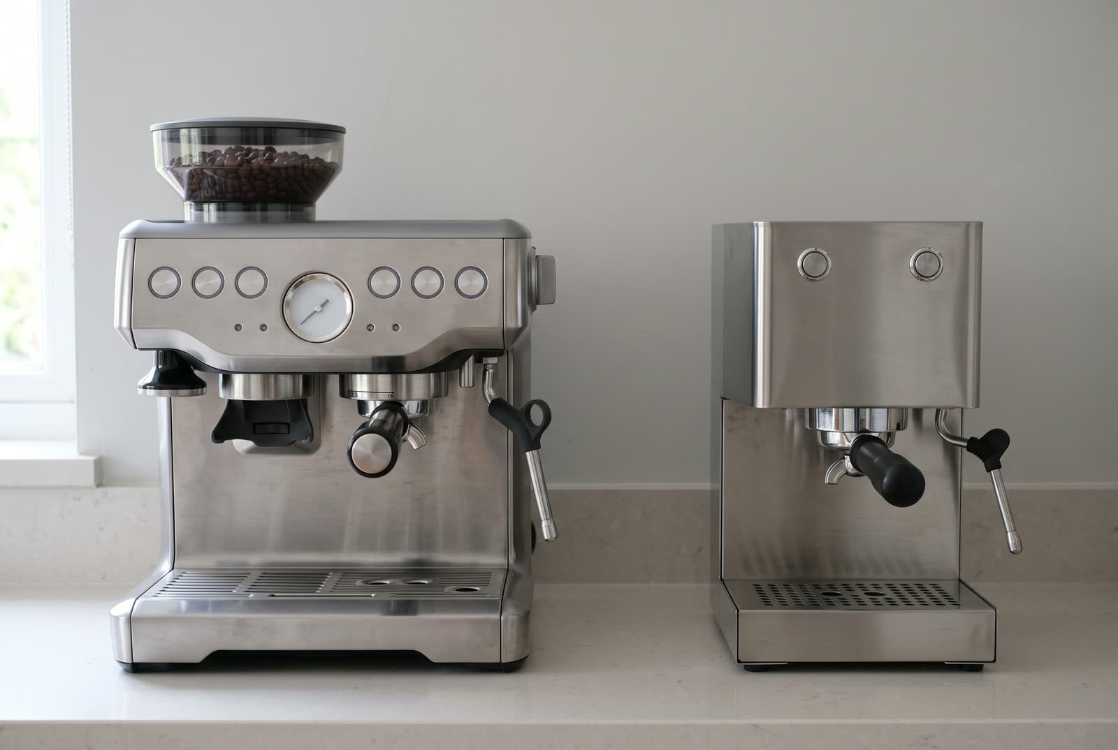 Two home espresso machines of clearly different sizes side by side on a pale stone counter.