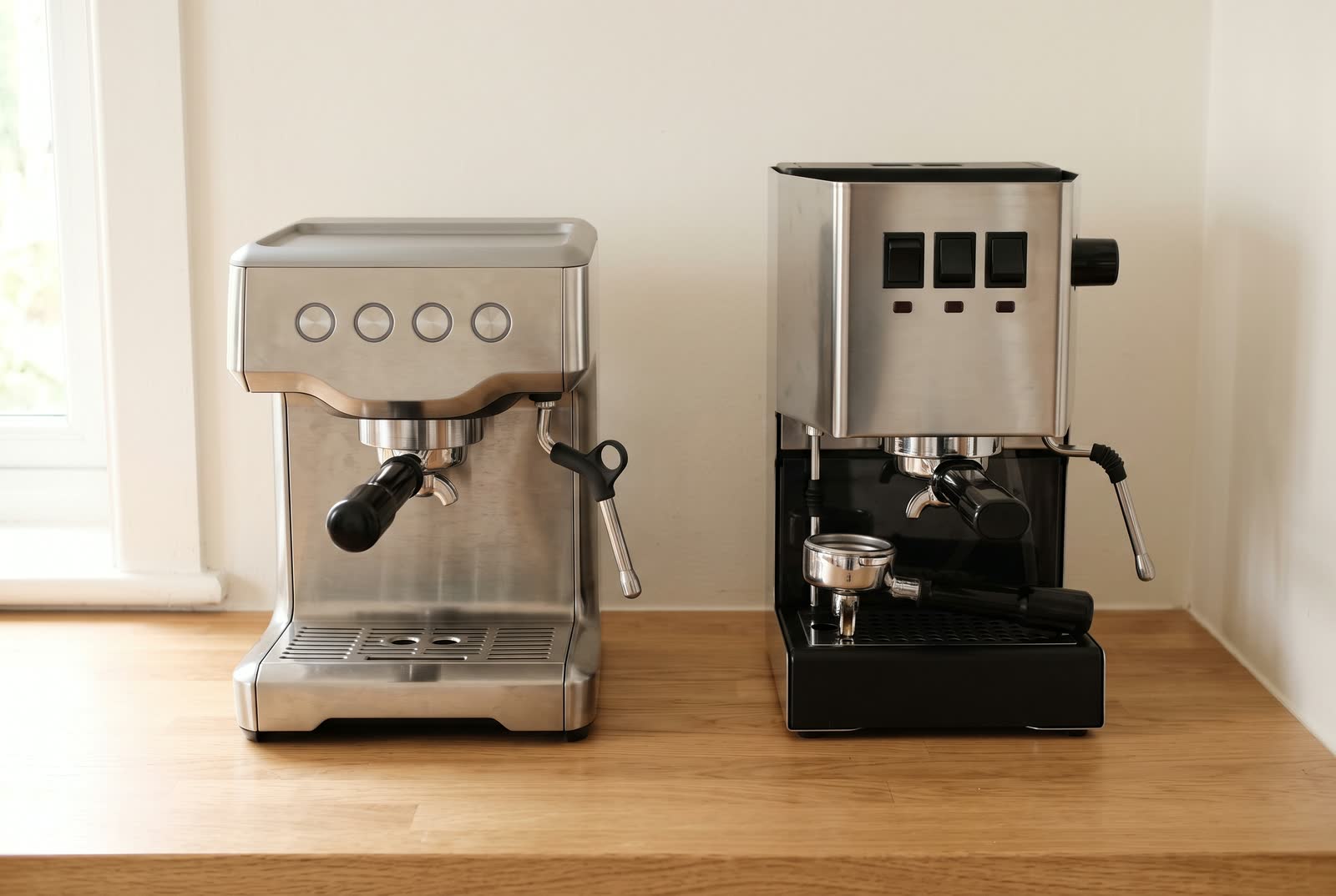 Two espresso machines of clearly different builds stand side by side, compared front to front.