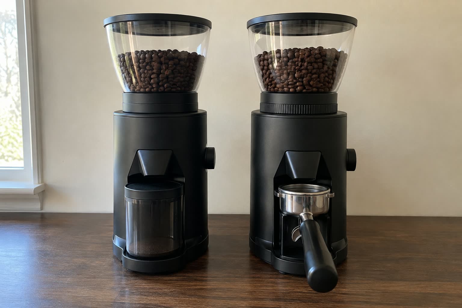 Two matt black burr grinders of the same family stand side by side on a dark walnut counter, the left one with a grounds bin in its cradle and the right one with a chrome portafilter under its chute and a more finely stepped adjustment collar.