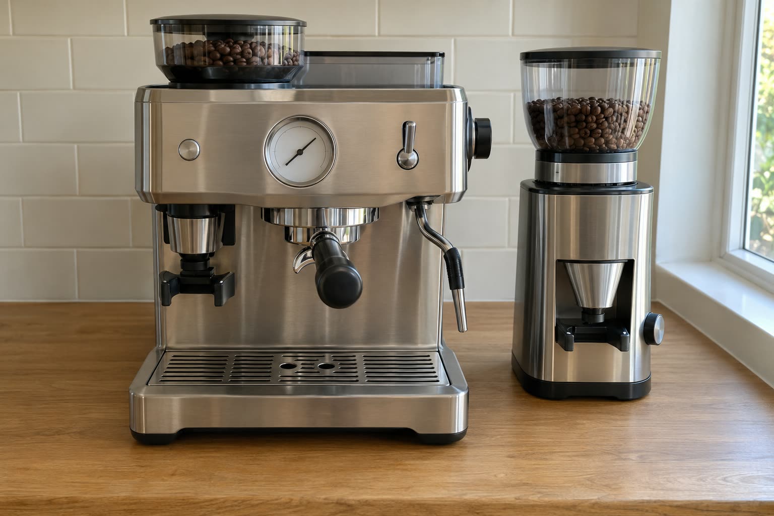 A brushed steel espresso machine with a bean hopper built into its top and a grind cradle on its left stands front on beside a separate steel burr grinder on an oak counter, cream subway tile behind and a window at the right.