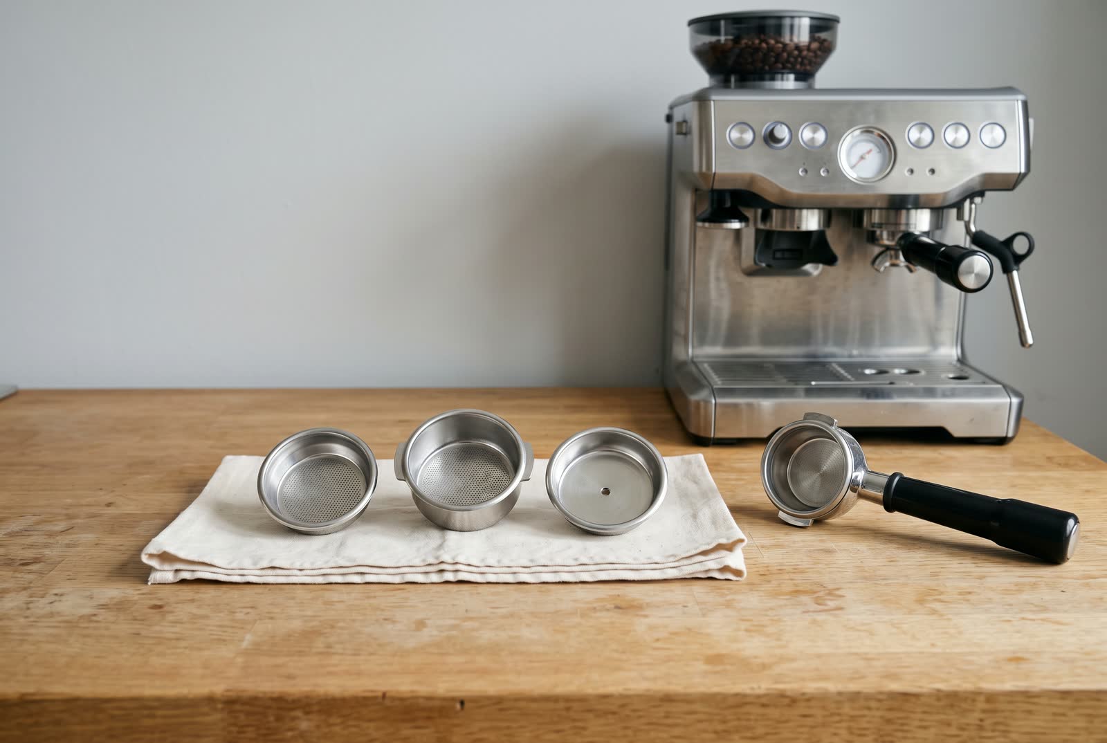 Three steel portafilter baskets lie in a row on a folded unbleached cloth on a light oak counter, a shallow perforated one, a deeper perforated one and one with a solid floor and a single centre hole, a chrome portafilter on its side beside them.