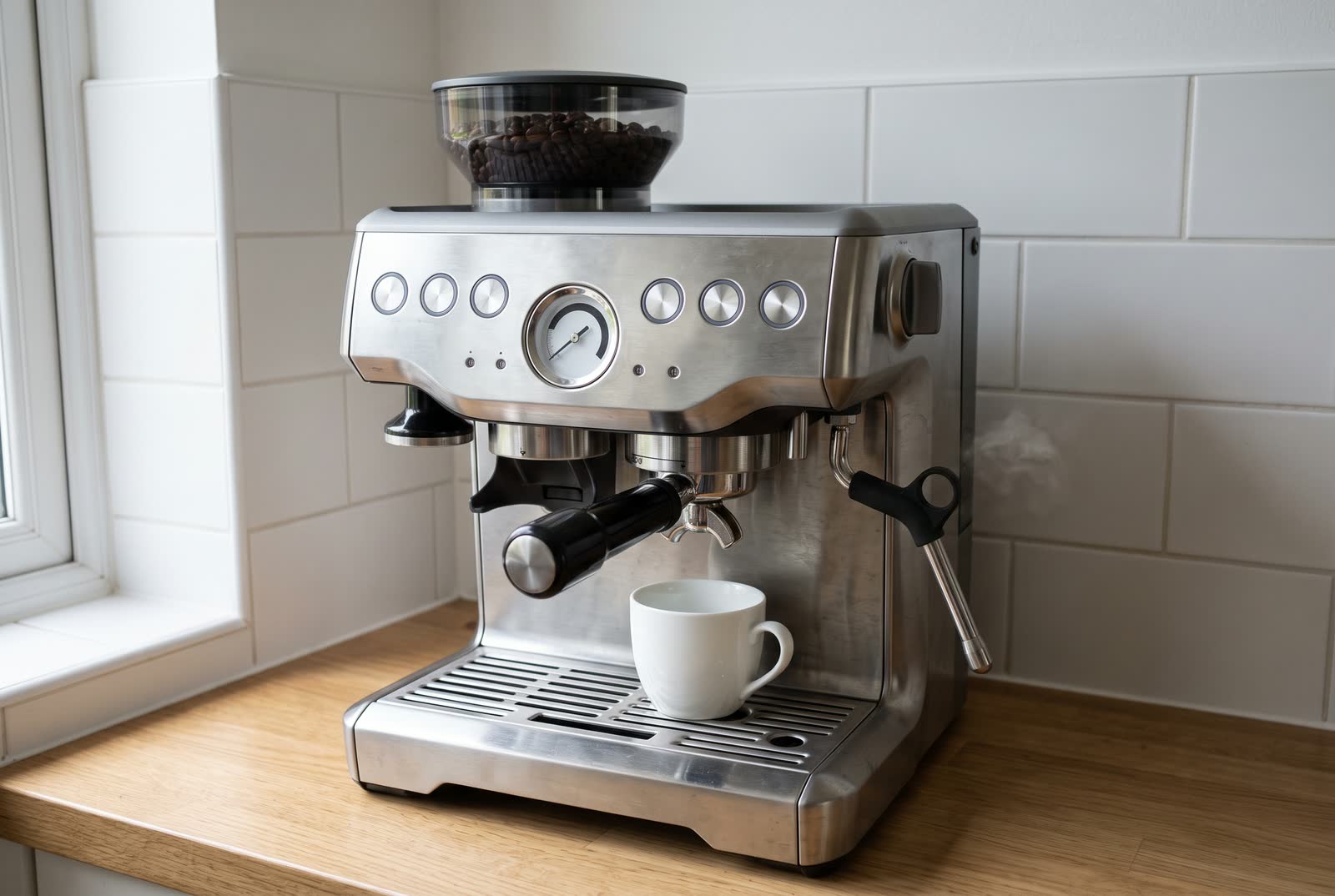 A compact single-boiler espresso machine stands alone on a light oak counter seen from the front and slightly right, its chrome group head with a loaded portafilter and its steam wand swung out to the side both in the same picture, a wisp of steam at the wand tip and a white cup on the drip tray.