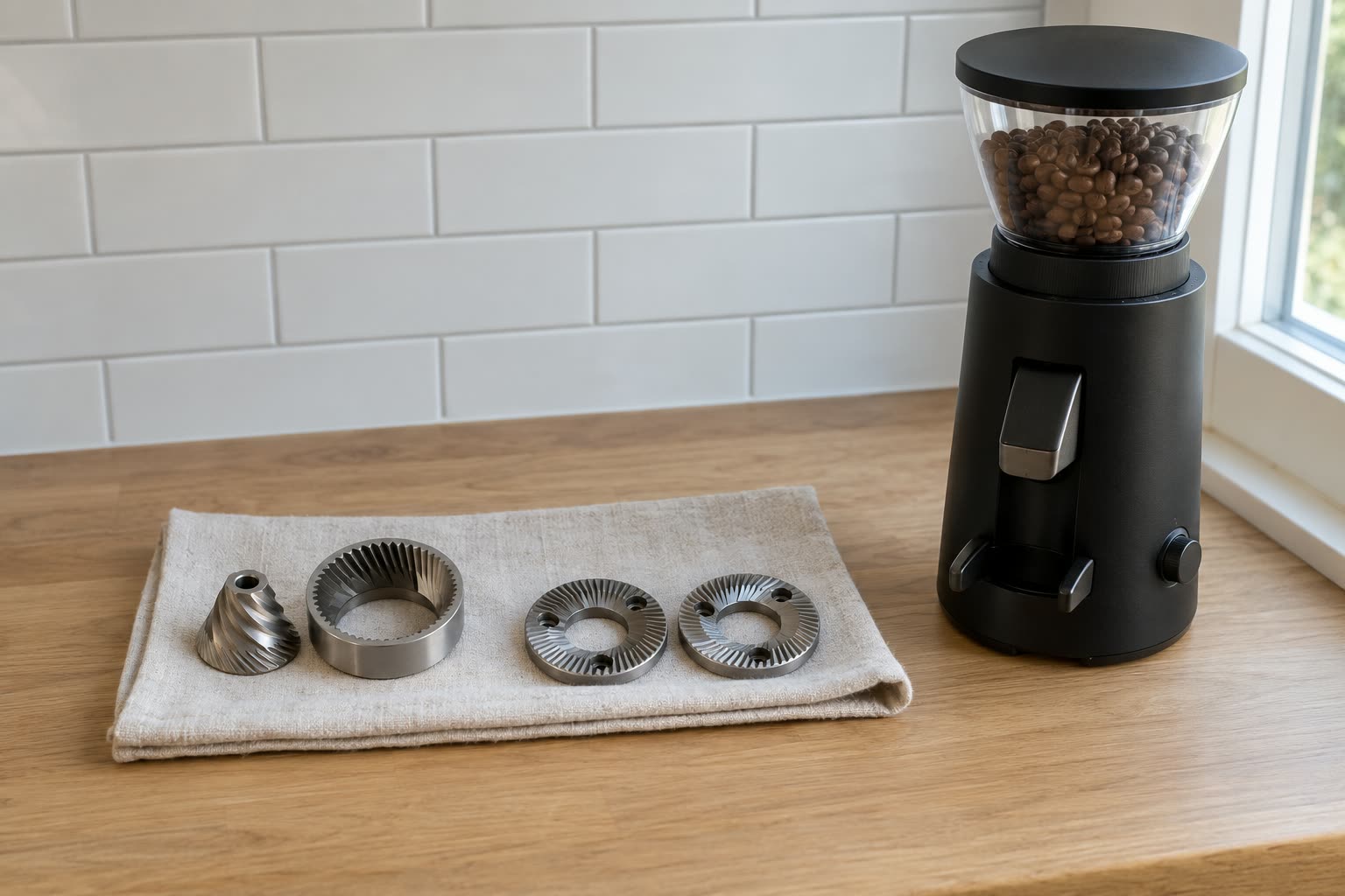 On a folded unbleached cloth on a light oak counter, a conical burr and its ring lie beside two flat burr discs, all plain machined steel, with a matt black burr grinder standing to the right in front of white subway tile and a window.