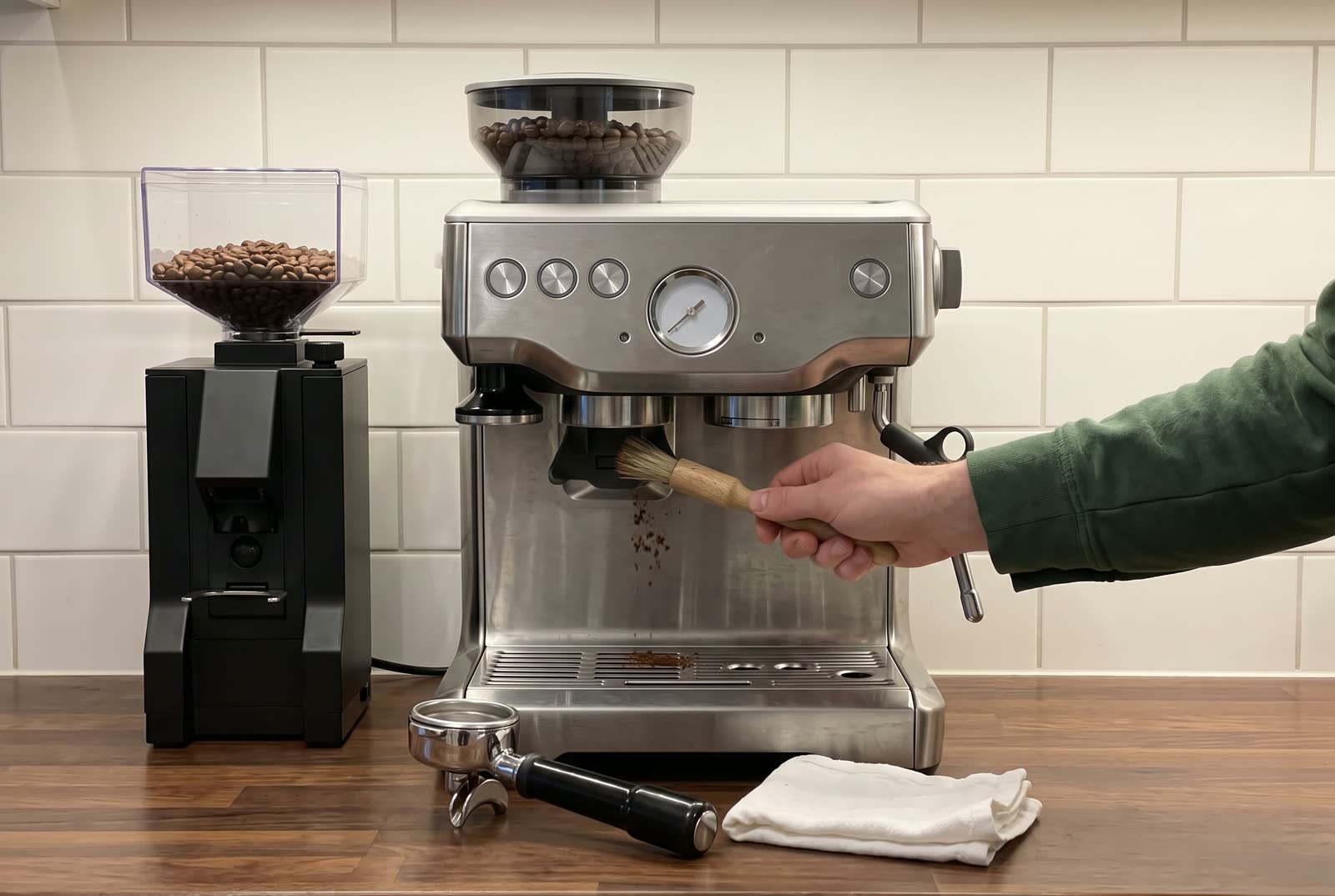 A hand in a dark green sleeve brushes the open group head of a matt black espresso machine on a dark walnut counter, the portafilter lying in front of it with a folded white cloth, a matt black burr grinder standing to the left, white subway tile behind.