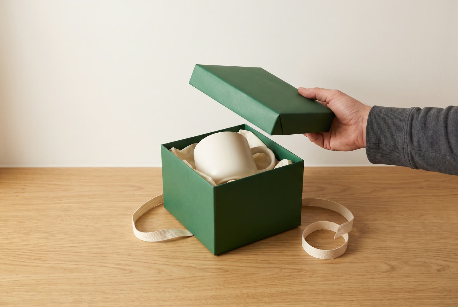 A hand lifts the lid off a green gift box holding a plain cream mug on tissue paper.
