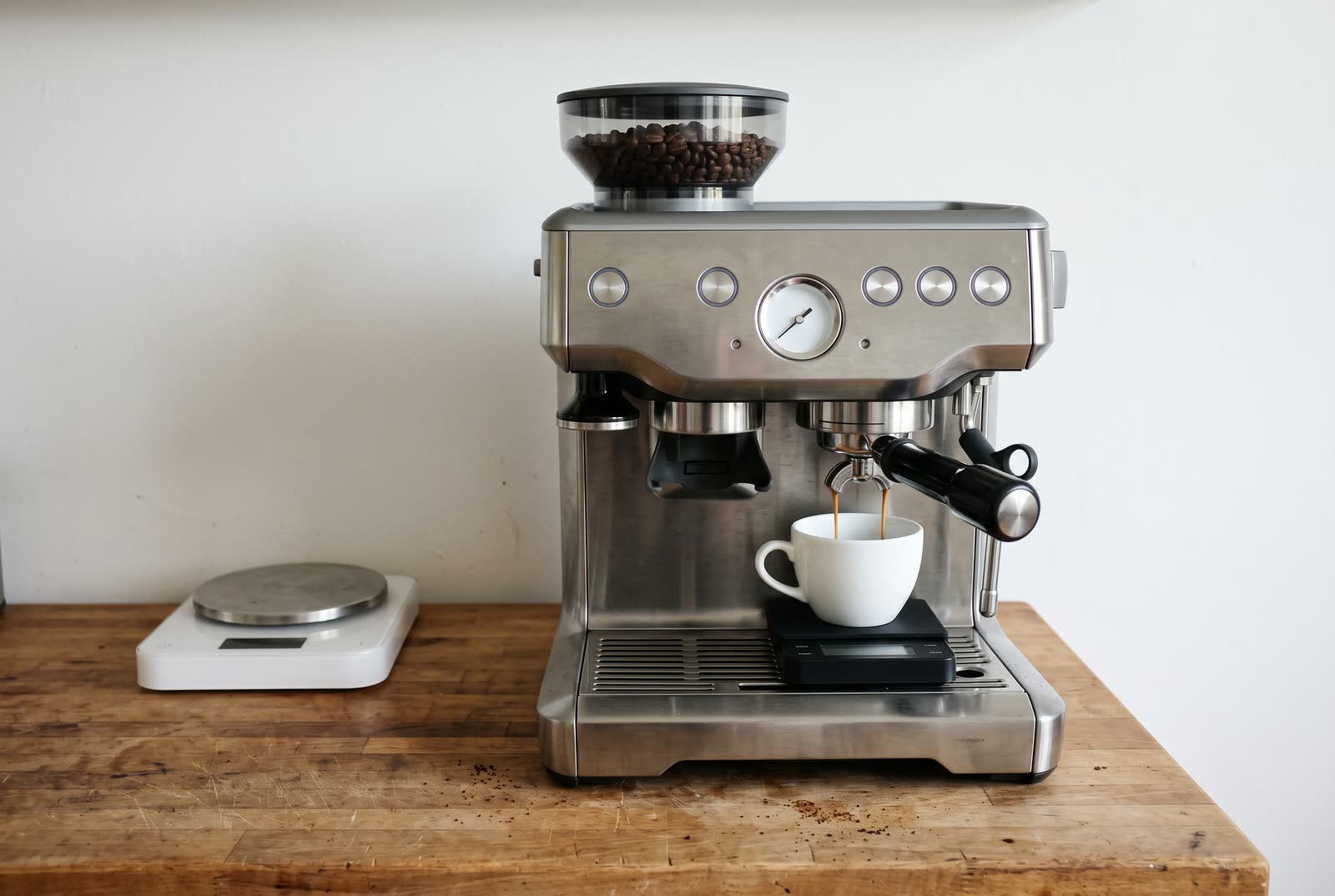 A small black coffee scale sits on the drip tray of a brushed steel espresso machine on a butcher block counter, a white cup on it under the portafilter with espresso running in, and a larger white kitchen scale with a round steel platform stands further left, its display dark.