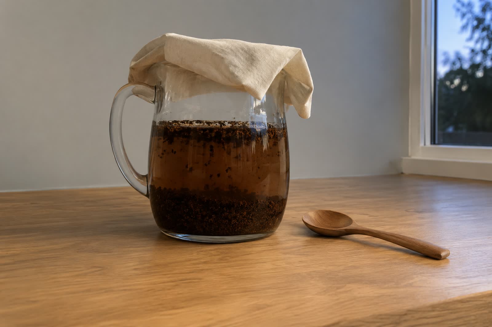 A plain glass jug of coarse coffee grounds steeping in water stands on a light oak counter with a folded unbleached cloth draped over its mouth and a wooden spoon beside it, evening light from a window on the right.