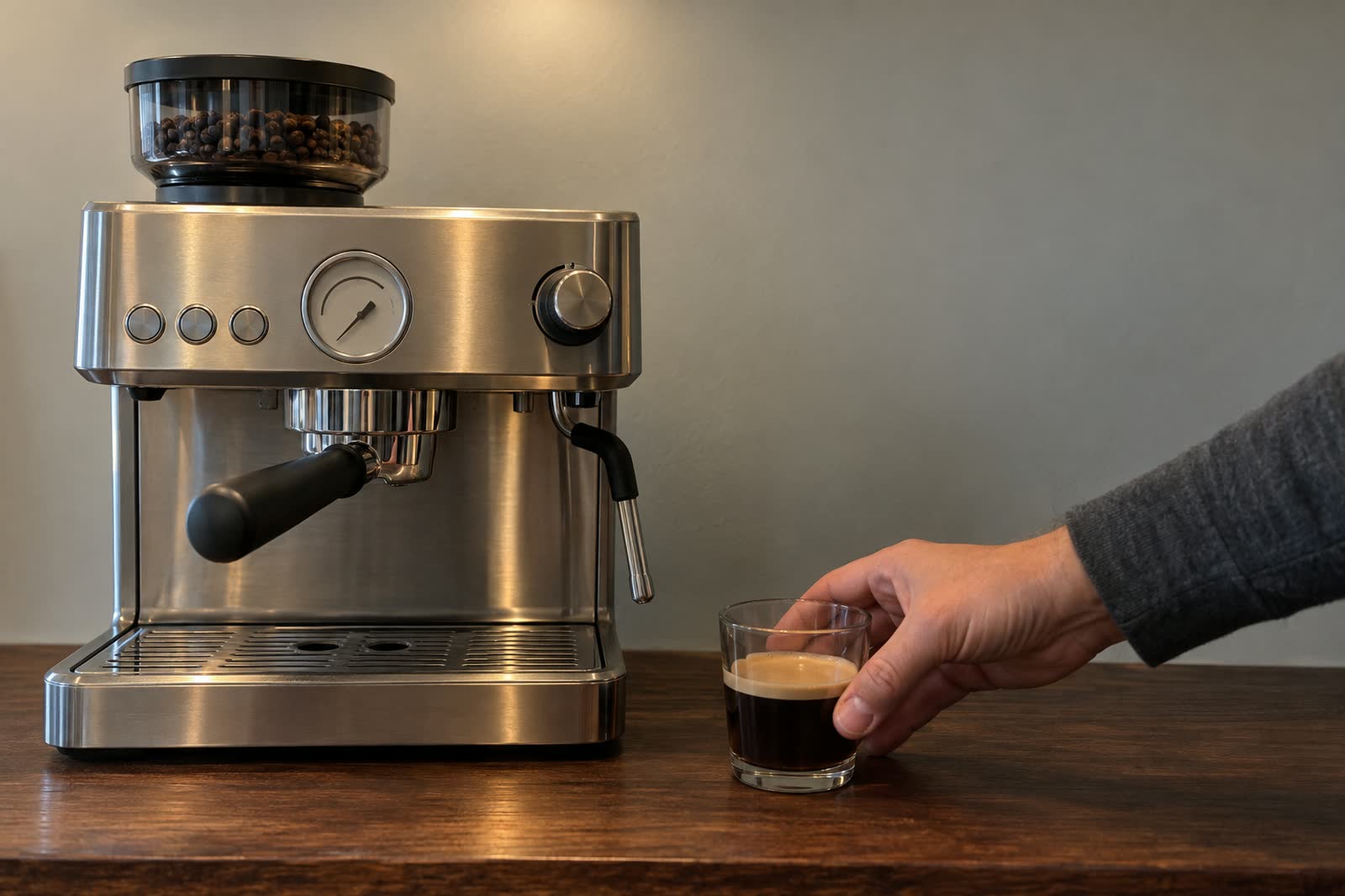 A hand in a dark grey sleeve sets a small glass of espresso topped with a thin pale layer down on a dark walnut counter, with a bare steel espresso machine standing to the left.