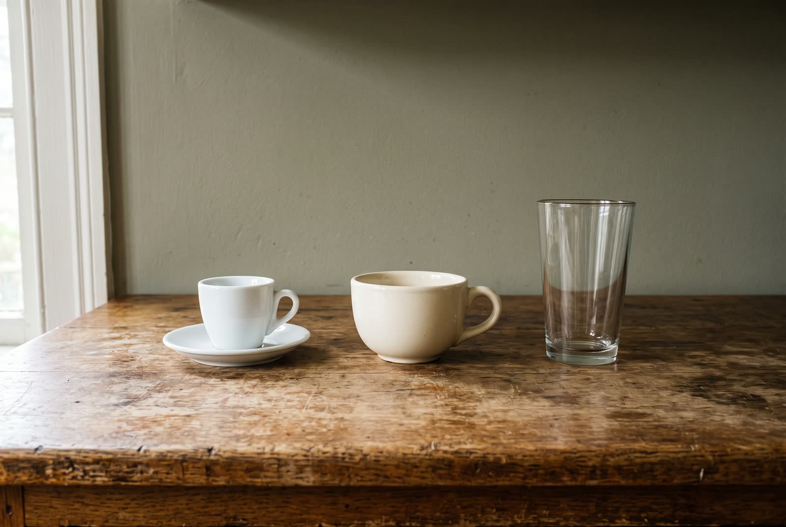 A small espresso cup, a mid stoneware mug and a tall glass, empty, in a row on a worn oak table.