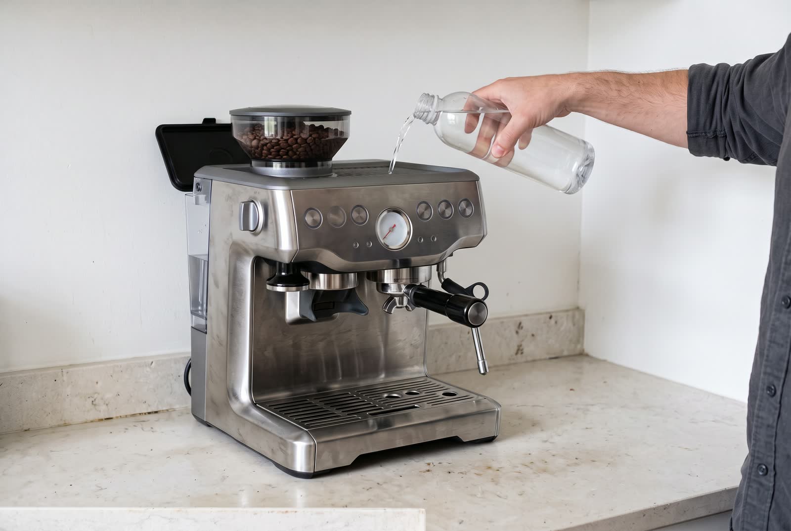 A hand in a dark grey sleeve tips a plain clear bottle over the open water tank of a brushed steel espresso machine on a pale stone counter, a thin stream of clear solution pouring in, the tank lid propped open.