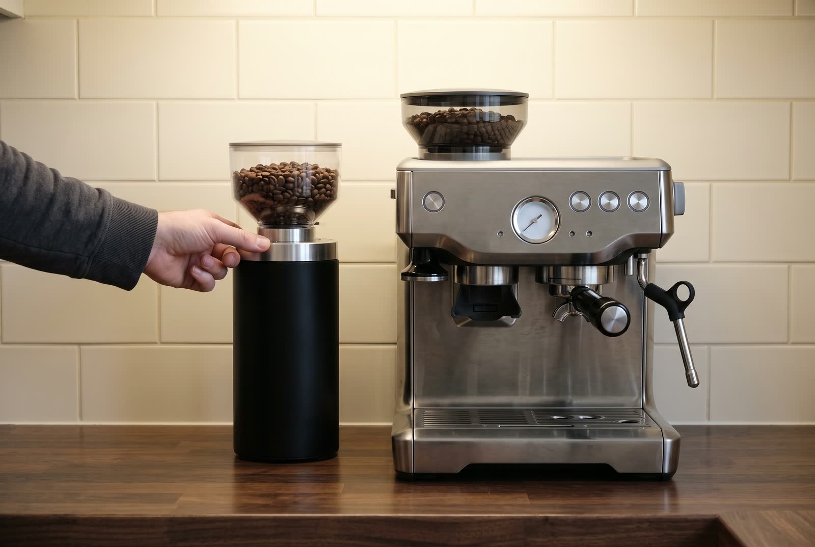 A hand in a dark grey sleeve turns the bare steel collar of a plain black coffee grinder standing beside a bare steel espresso machine on a dark walnut counter, cream subway tile behind.