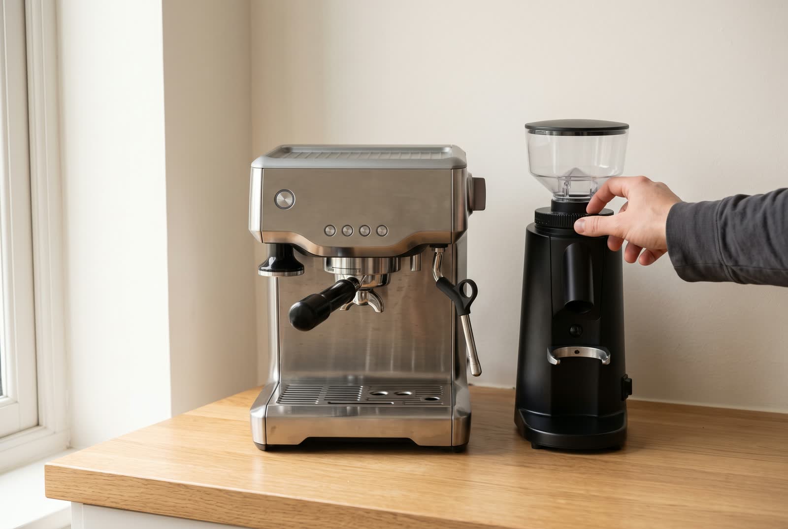 A hand rests on a grinder's collar beside a compact espresso machine with no hopper or gauge.
