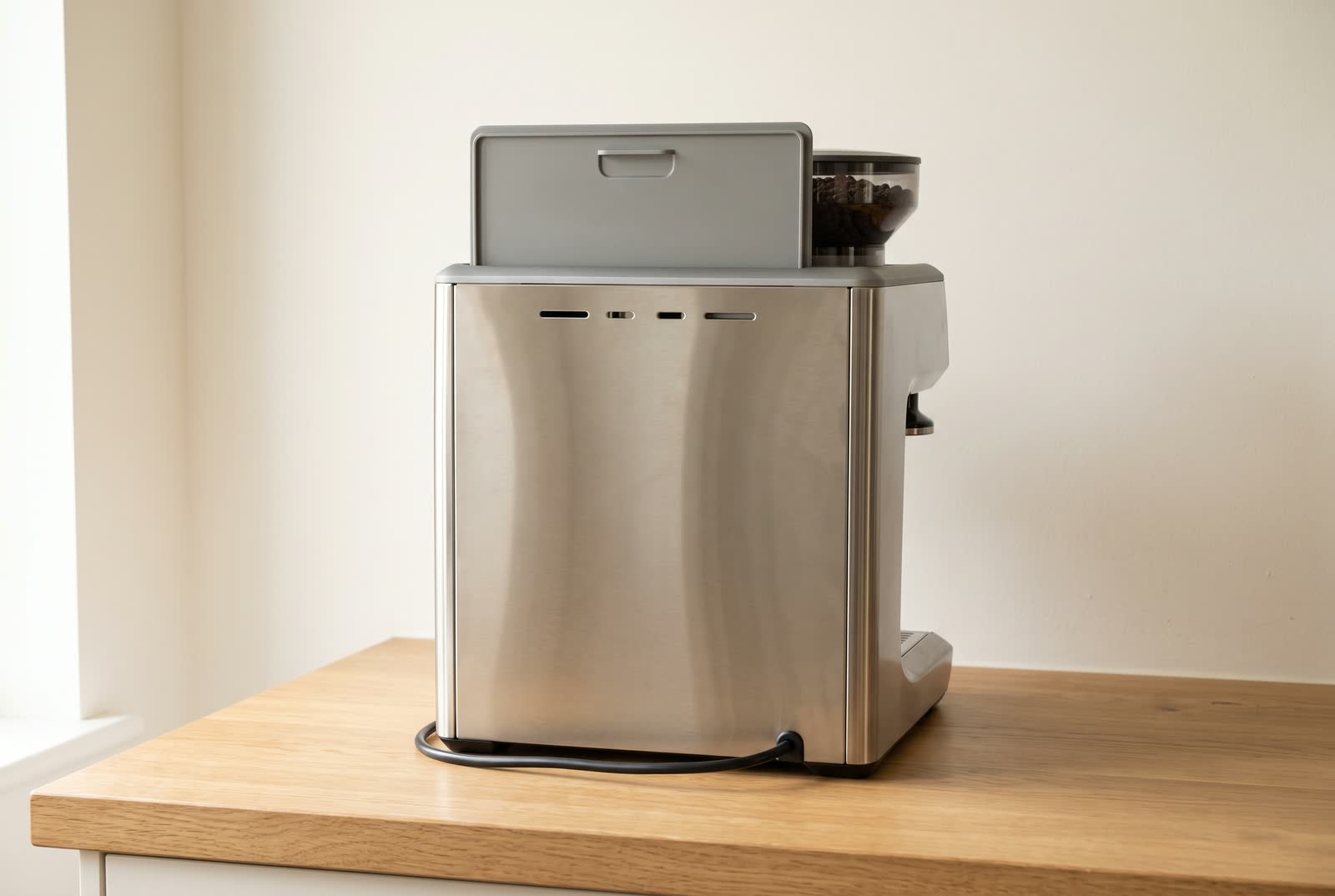 The plain brushed steel back of an espresso machine on a light oak counter, its grey tank lid on top and its cable trailing.